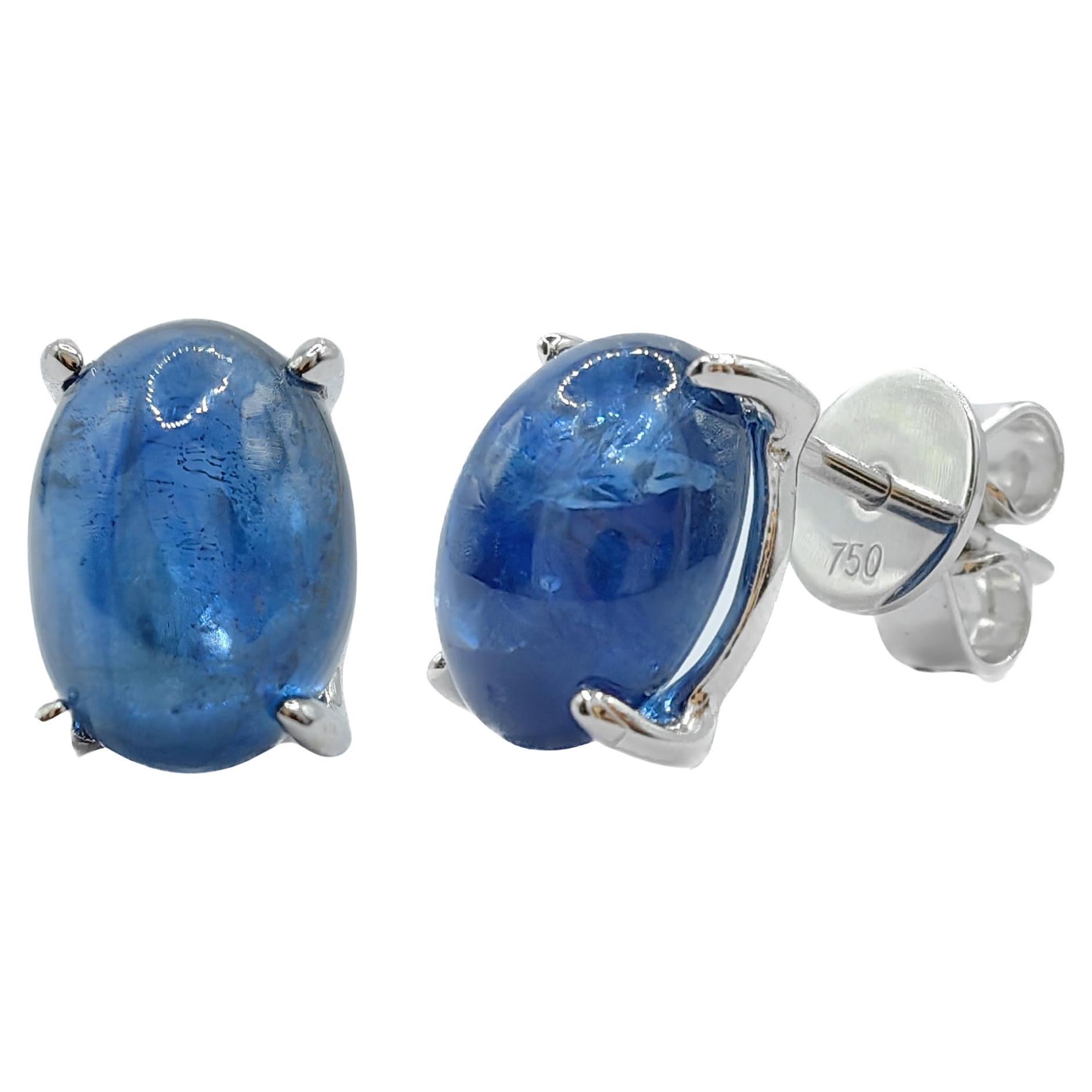Matched 4.67 Carat 8x6mm Cabochon Blue Sapphire Stud Earrings in 18K White Gold For Sale