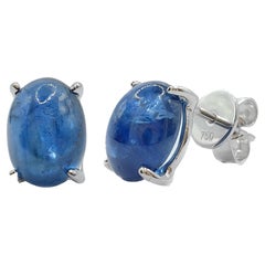 Matched 4.67 Carat 8x6mm Cabochon Blue Sapphire Stud Earrings in 18K White Gold