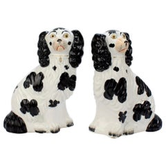 Matched Antique Black & White Staffordshire Pottery Spaniel Dog Figurines, Pair