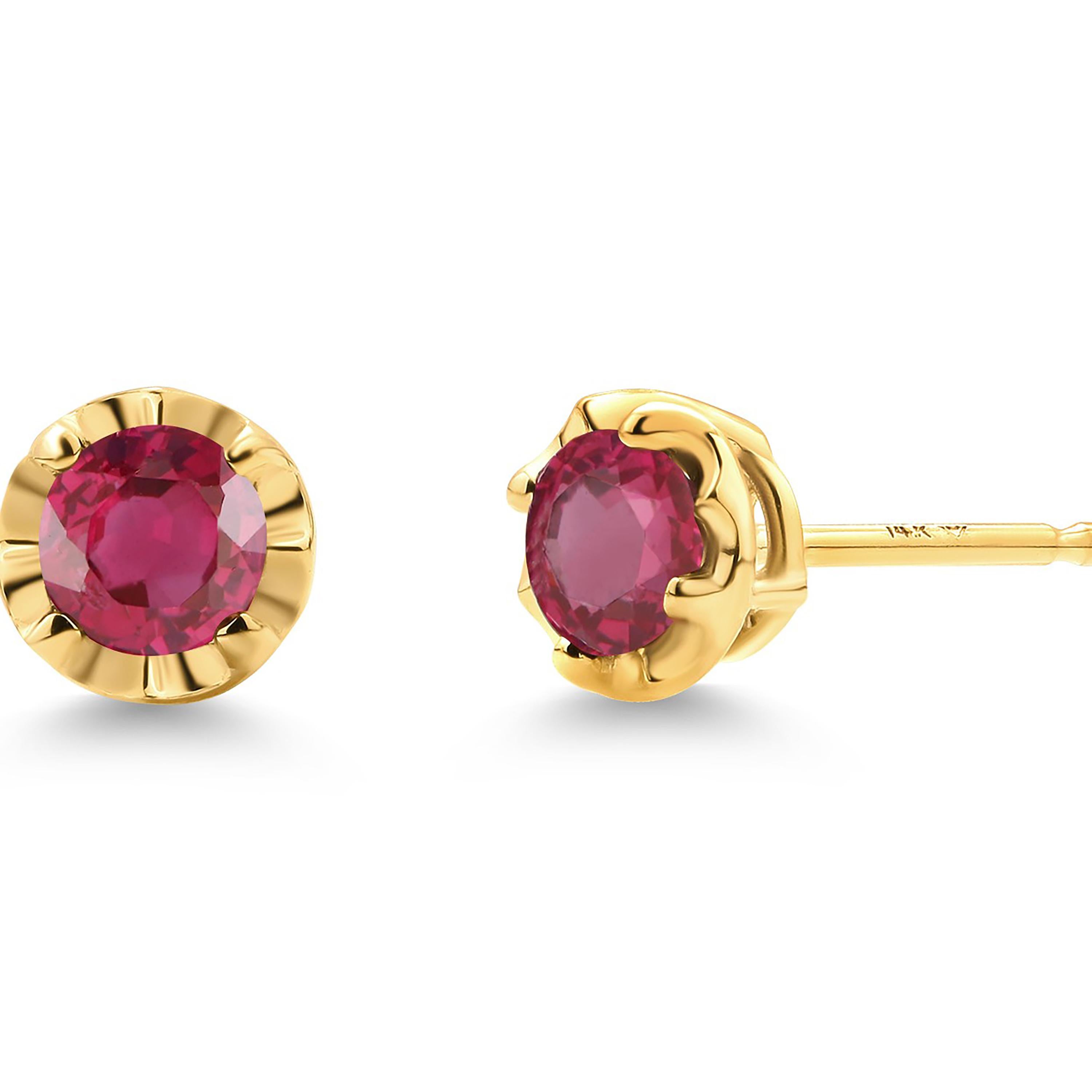 Matched Burma Rubies Weighing 0.60 Carat 0.23 Inch Scalloped Gold Stud Earrings In New Condition For Sale In New York, NY