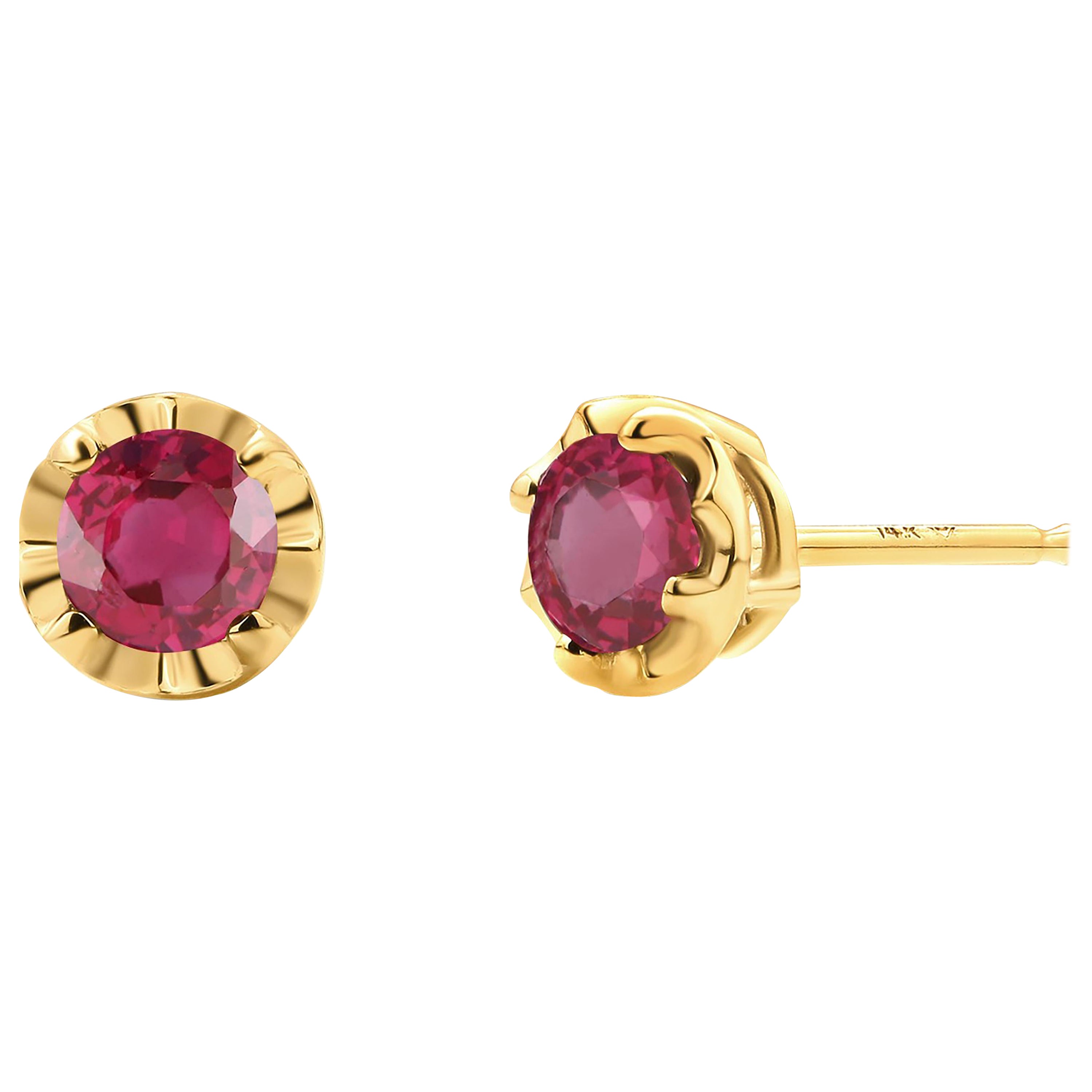 Matched Burma Rubies Weighing 0.60 Carat 0.23 Inch Scalloped Gold Stud Earrings For Sale