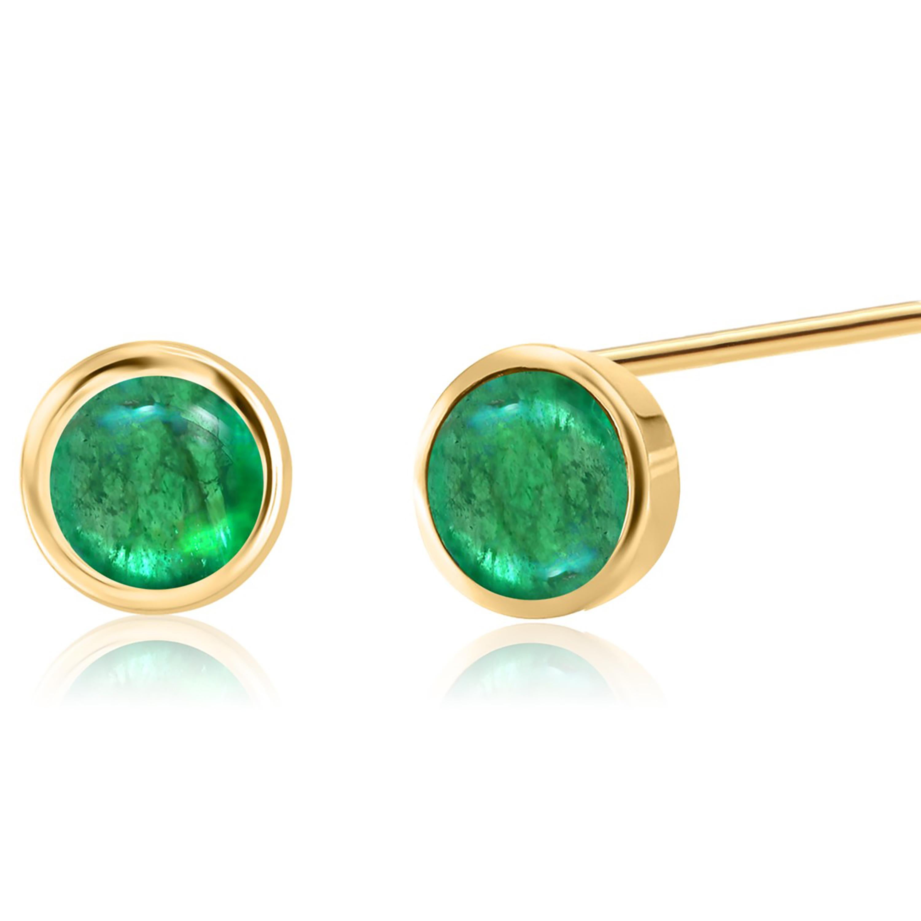Matched Cabochon Emerald 1.10 Carat Bezel Set Yellow Gold 0.25 Inch Earrings For Sale 3