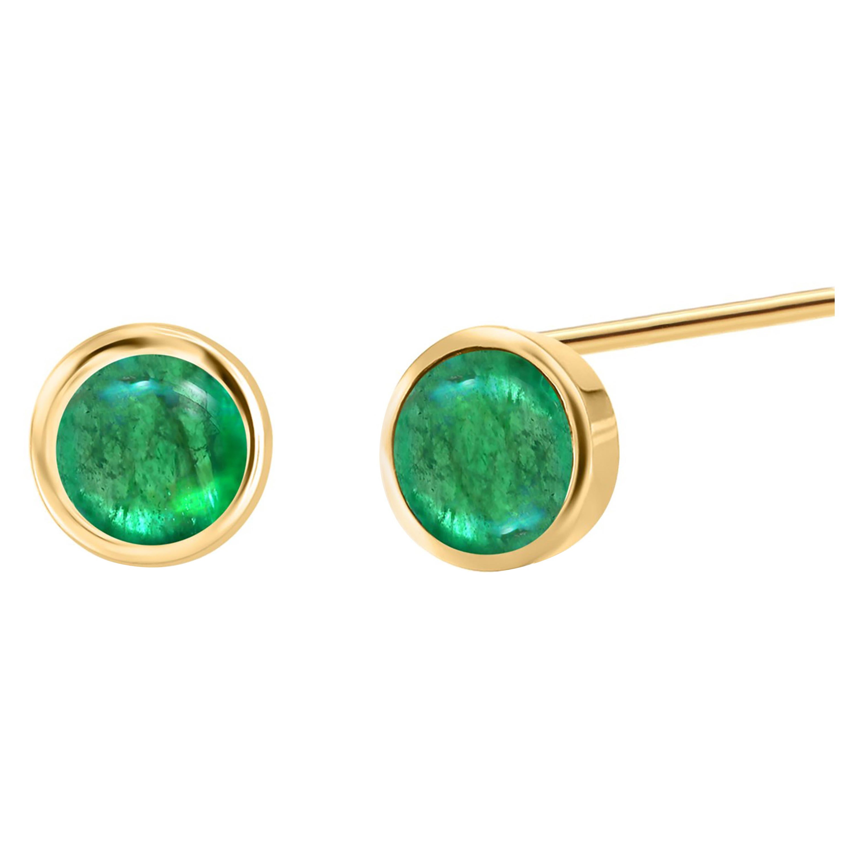 Matched Cabochon Emerald 1.10 Carat Bezel Set Yellow Gold 0.25 Inch Earrings For Sale