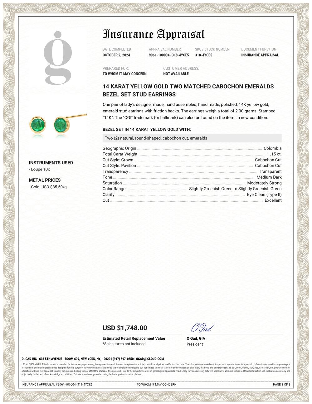 Introducing our exquisite Matched Cabochon Emerald 1.15Carat Bezel Set Yellow Gold 0.25 Inch Earrings – a stunning addition to your jewelry collection that exudes elegance and sophistication. Crafted with meticulous attention to detail, these