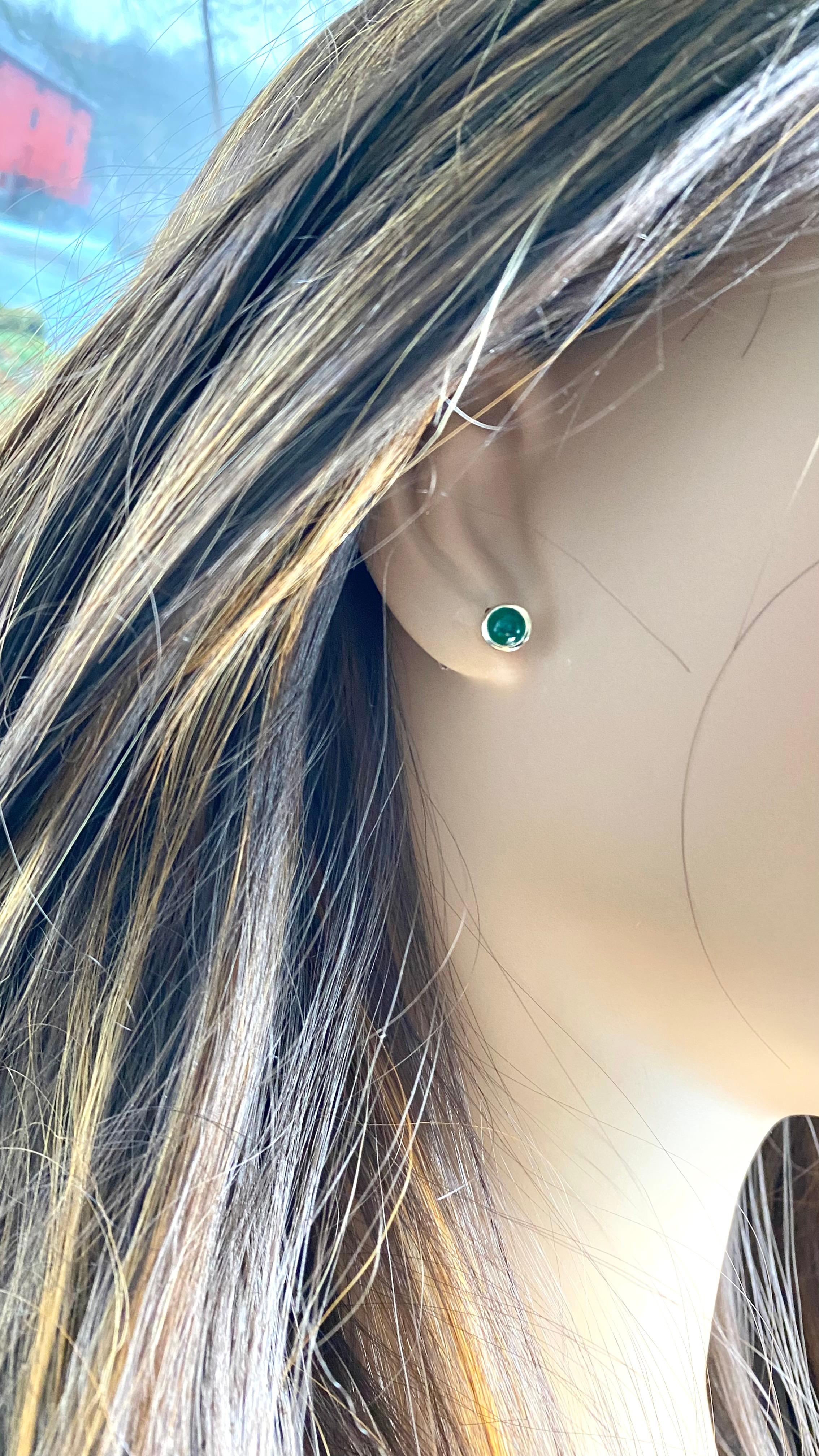 Round Cut Matched Cabochon Emerald 1.15 Carat Bezel Set Yellow Gold 0.25 Inch Earrings