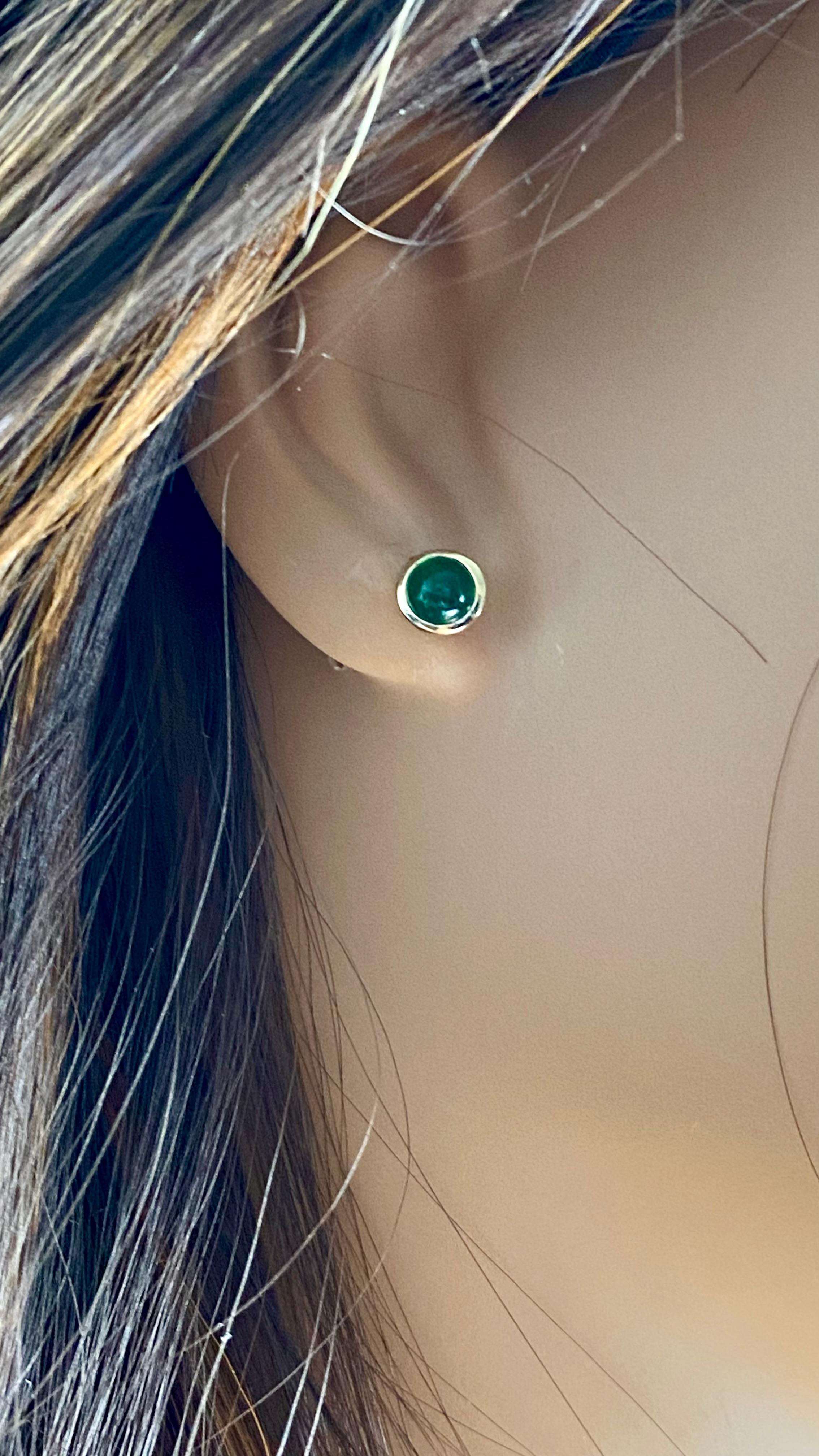 Women's or Men's Matched Cabochon Emerald 1.15 Carat Bezel Set Yellow Gold 0.25 Inch Earrings