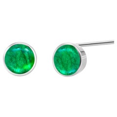 Matched Cabochon Emerald 1.40 Carat Bezel Set Yellow Gold 0.25 Inch Earrings