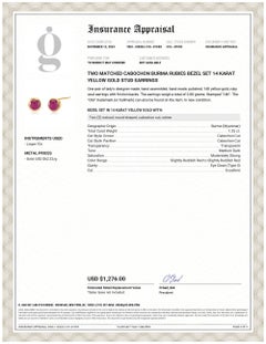 Matched Cabochon Ruby 1.25 Carat Bezel Set Yellow Gold 0.25 Inch Stud Earrings