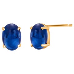 Matched Cabochon Sapphire 3.37 Carat 0.31 X 0.26 Inch Yellow Gold Stud Earrings