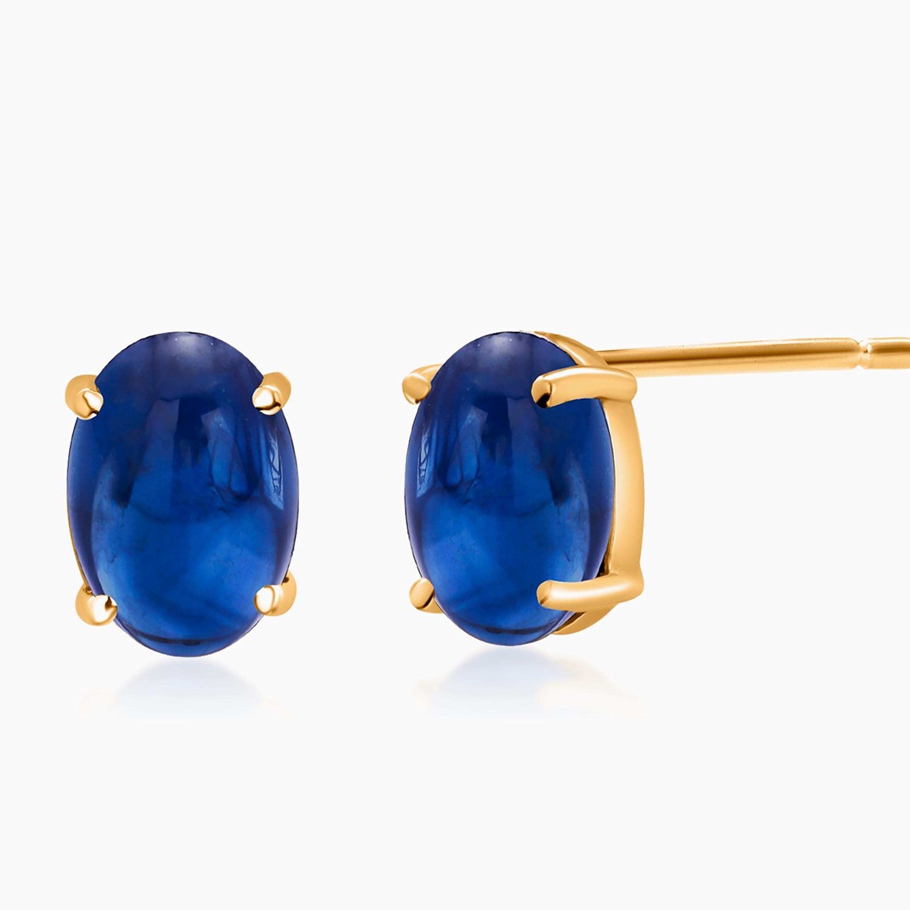 Matched Cabochon Sapphire 3.56 Carat 0.31 X 0.23 Inch Yellow Gold Stud Earrings In New Condition For Sale In New York, NY