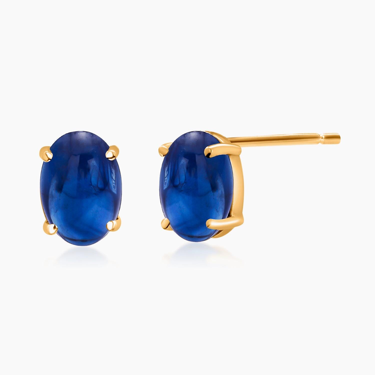 Matched Cabochon Sapphire 3.56 Carat 0.31 X 0.23 Inch Yellow Gold Stud Earrings For Sale 2