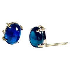 Matched Cabochon Sapphire 8.08 Carat 0.38 x 0.30 Inch Yellow Gold Stud Earrings