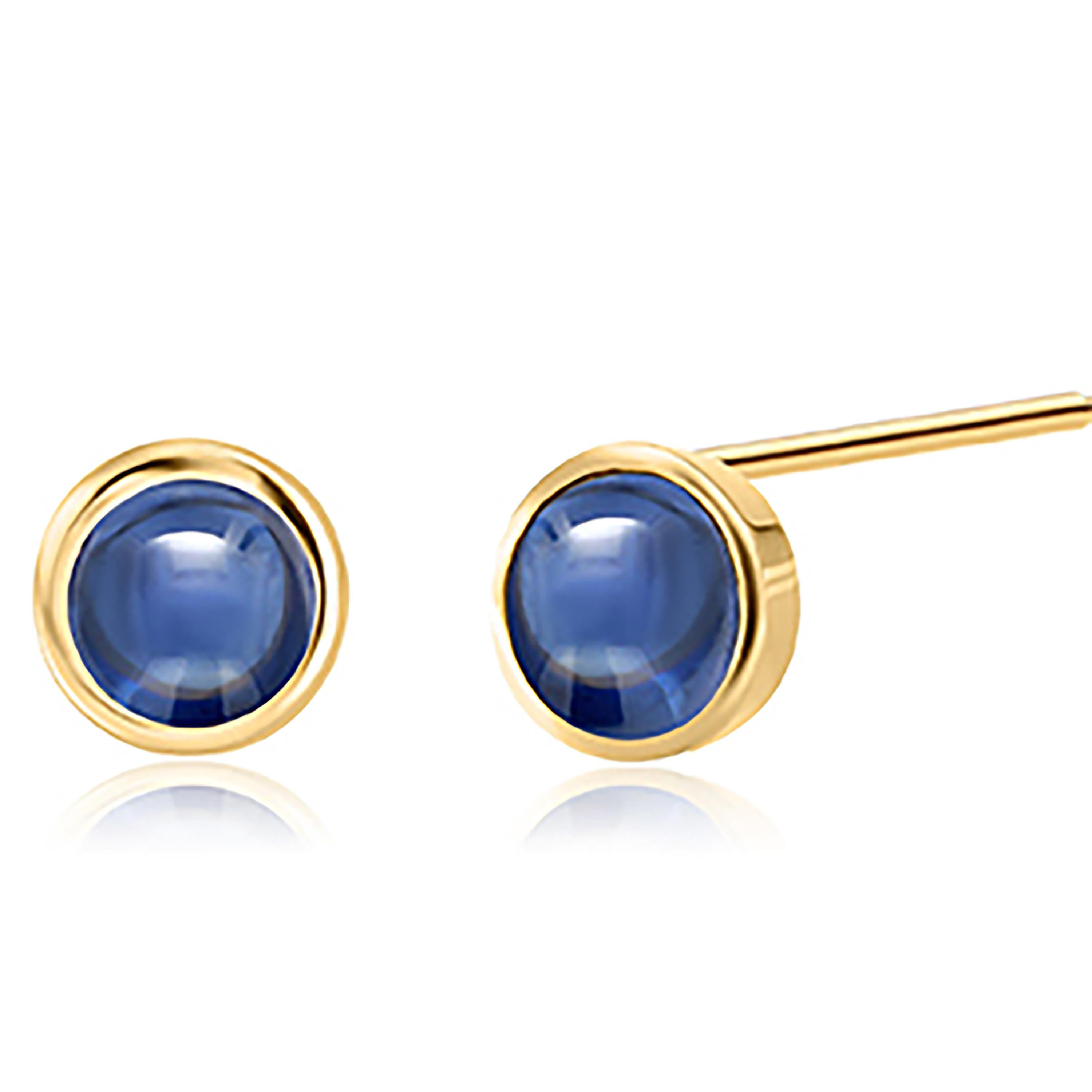 Round Cut Matched Cabochon Sapphires 1.45 Carat Bezel Set Yellow Gold 0.25 Inch Earrings For Sale
