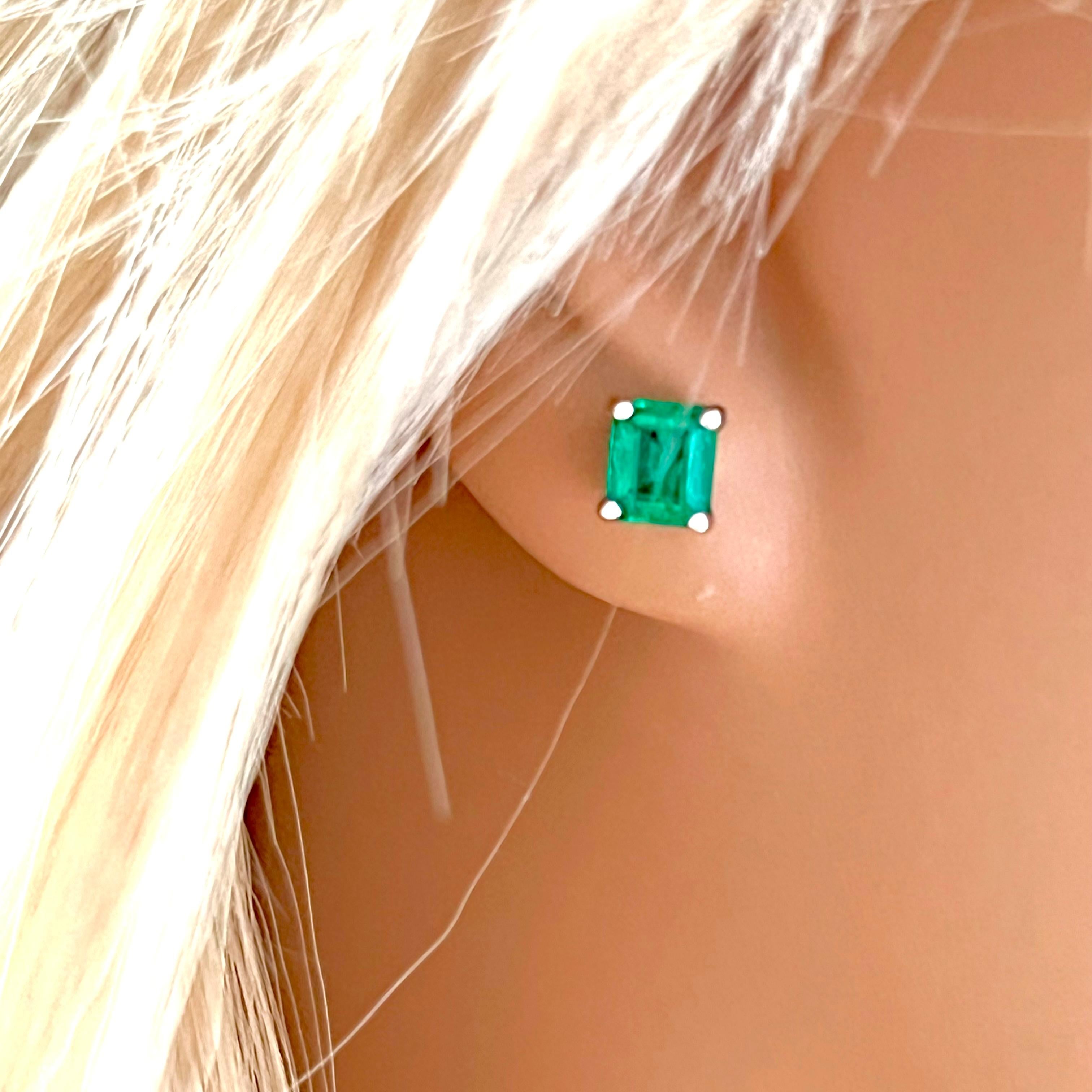 Emerald Cut Matched Colombia Emerald 1.10 Carat 14 Karat White Gold 0.22 Inch Stud Earrings 