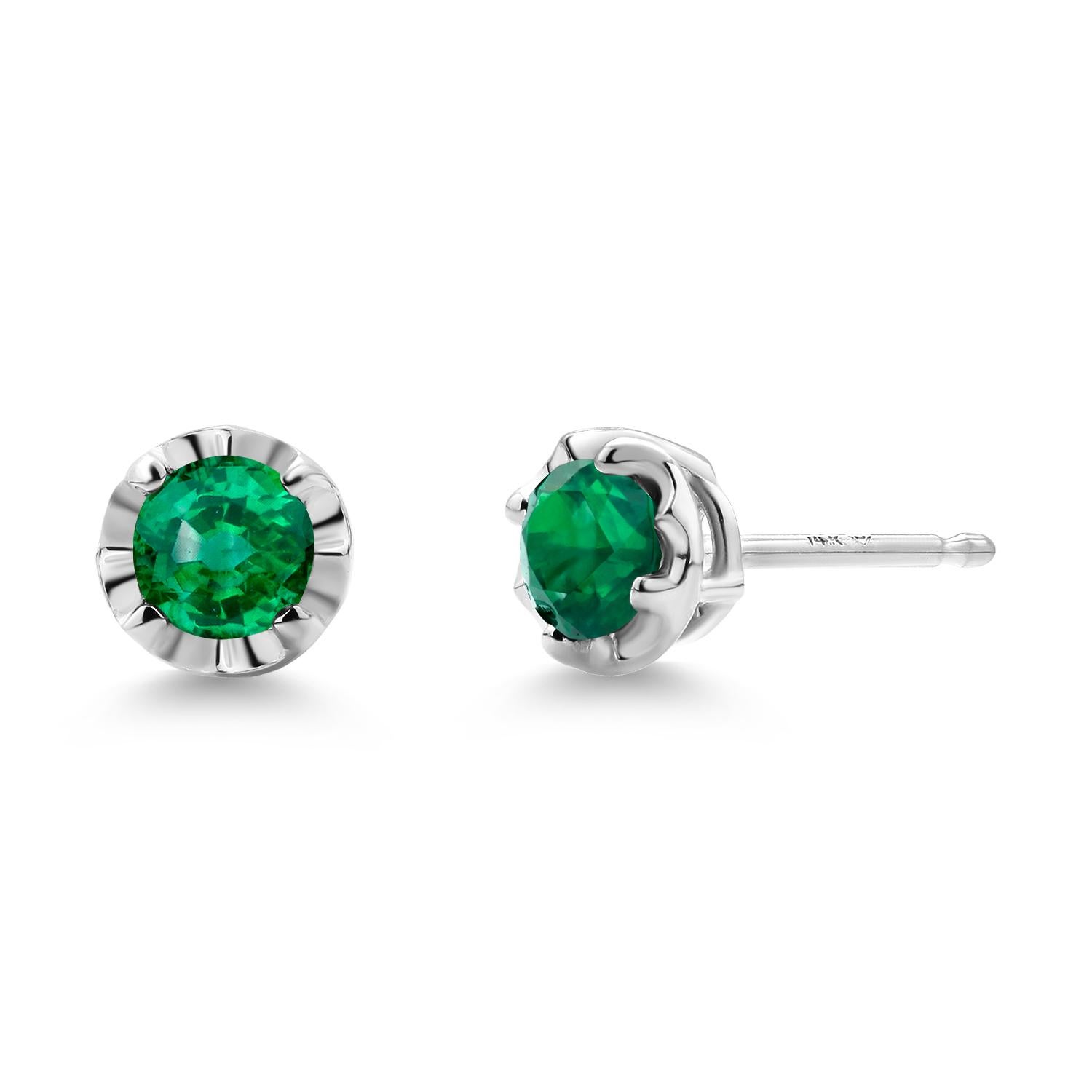Matched Emerald 0.25 Inch Scalloped Bezel Set White Gold 0.19 Inch Stud Earrings For Sale 1