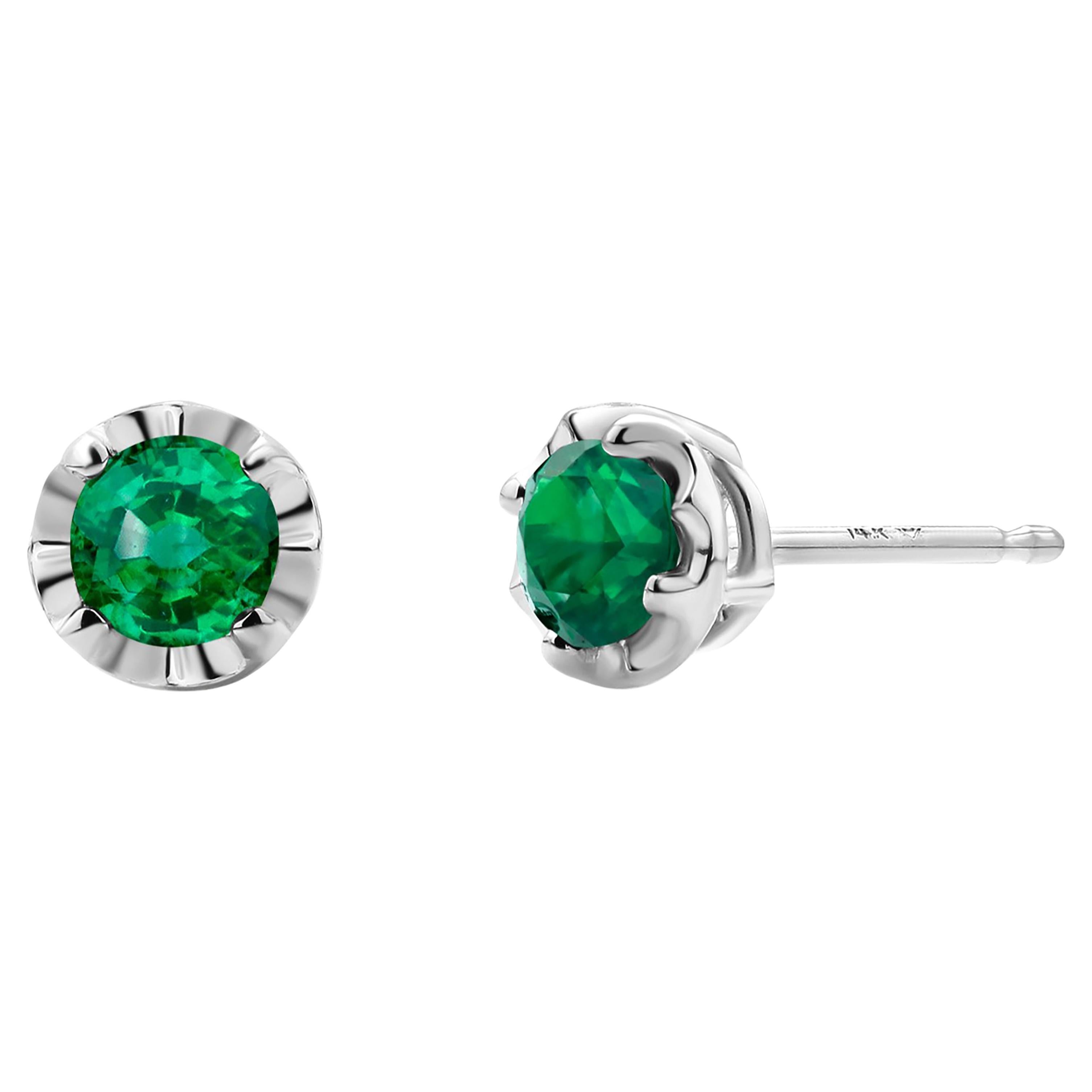 Matched Emerald 0.25 Inch Scalloped Bezel Set White Gold 0.19 Inch Stud Earrings For Sale