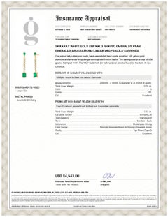 Matched Four Emeralds Linear Diamond 2 Carat Yellow Gold 1.25 Inch Long Earrings