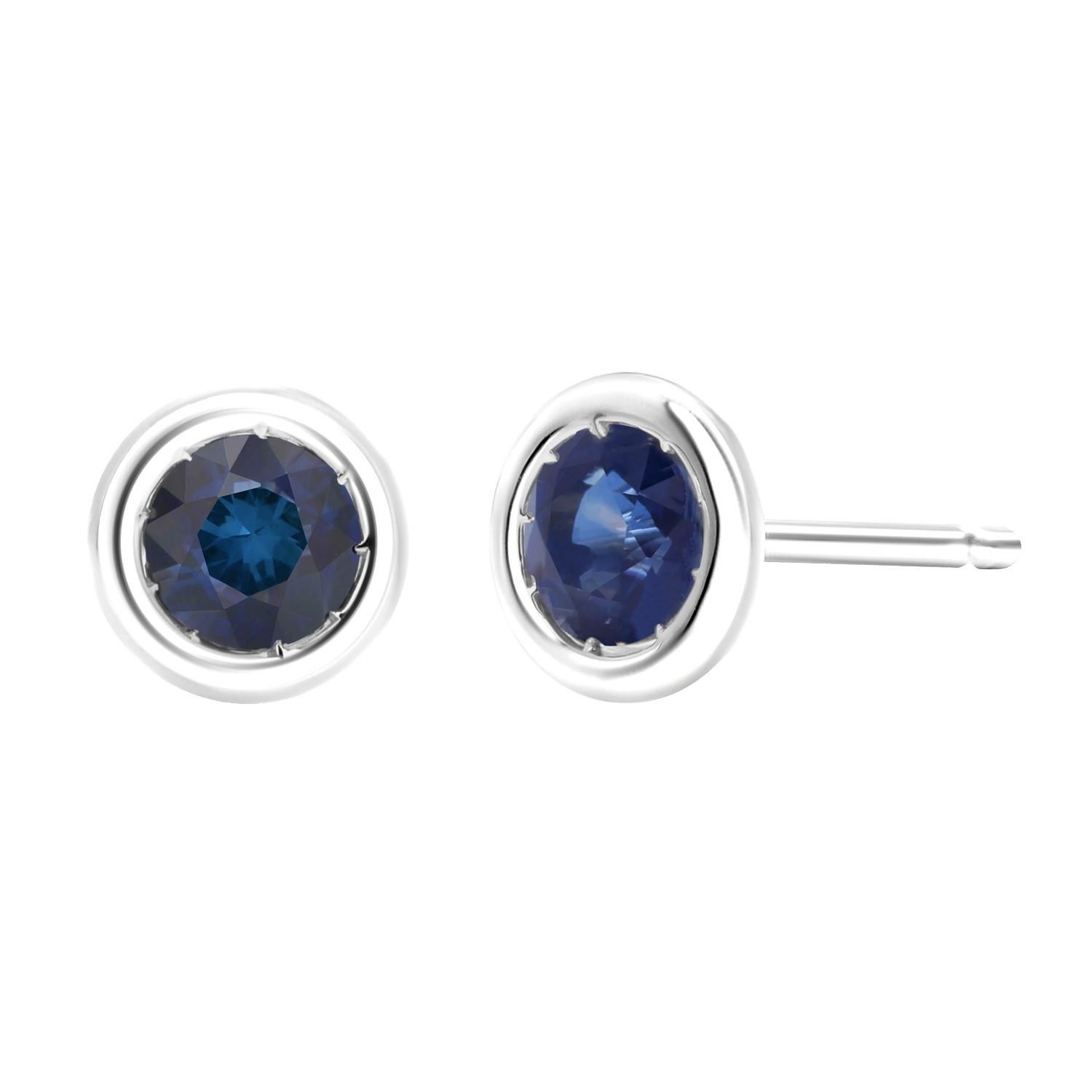 Matched Pair 4 Millimeter Round Sapphire Bezel Set White Gold Stud Earrings In New Condition In New York, NY