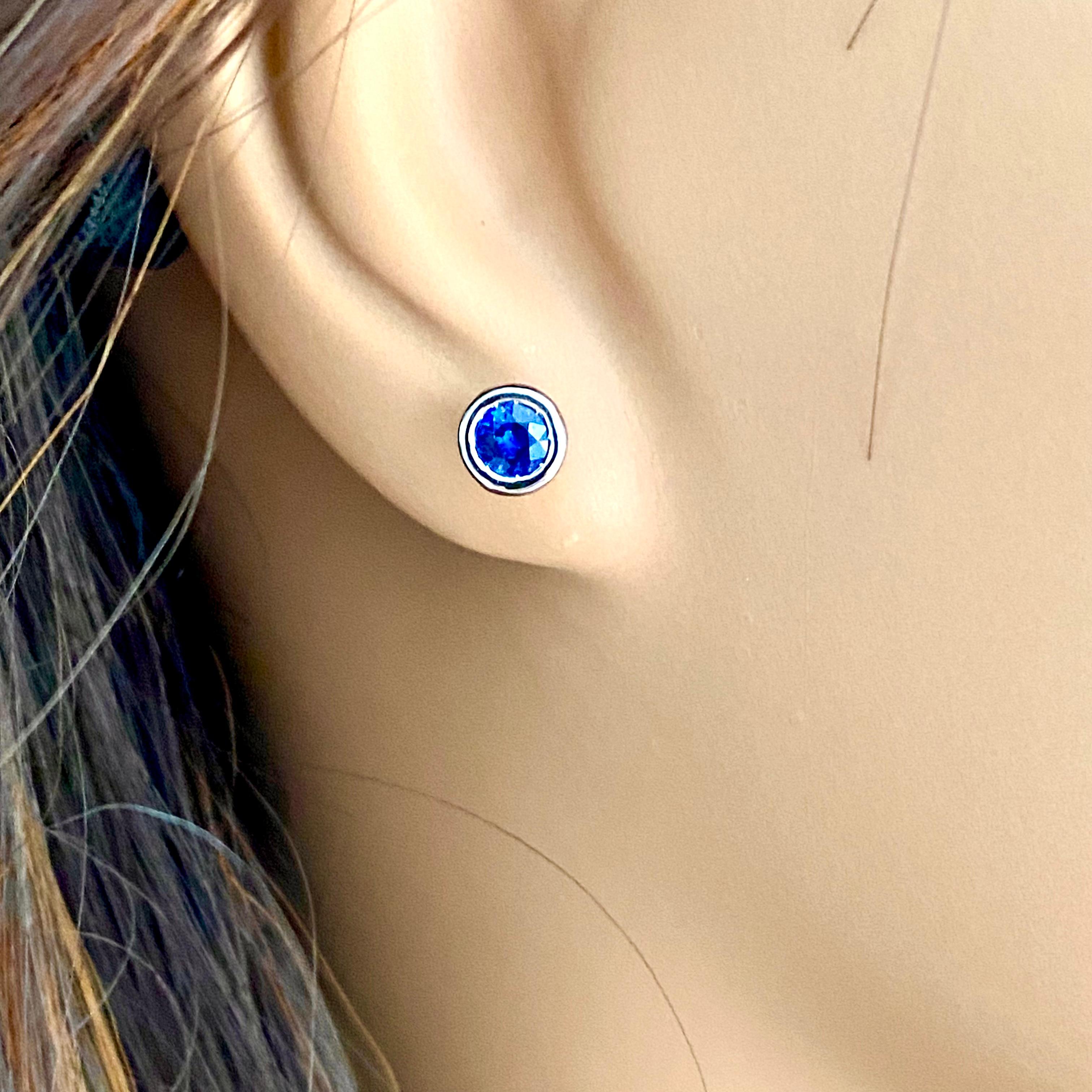 Women's or Men's Matched Pair 4 Millimeter Round Sapphire Bezel Set White Gold Stud Earrings