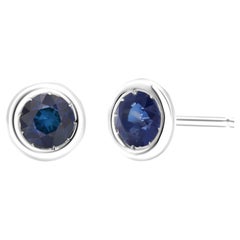 Matched Pair 4 Millimeter Round Sapphire Bezel Set White Gold Stud Earrings