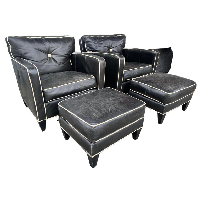 Matched Pair Art Deco Style Leather Club Chairs and Ottomans by Ethan