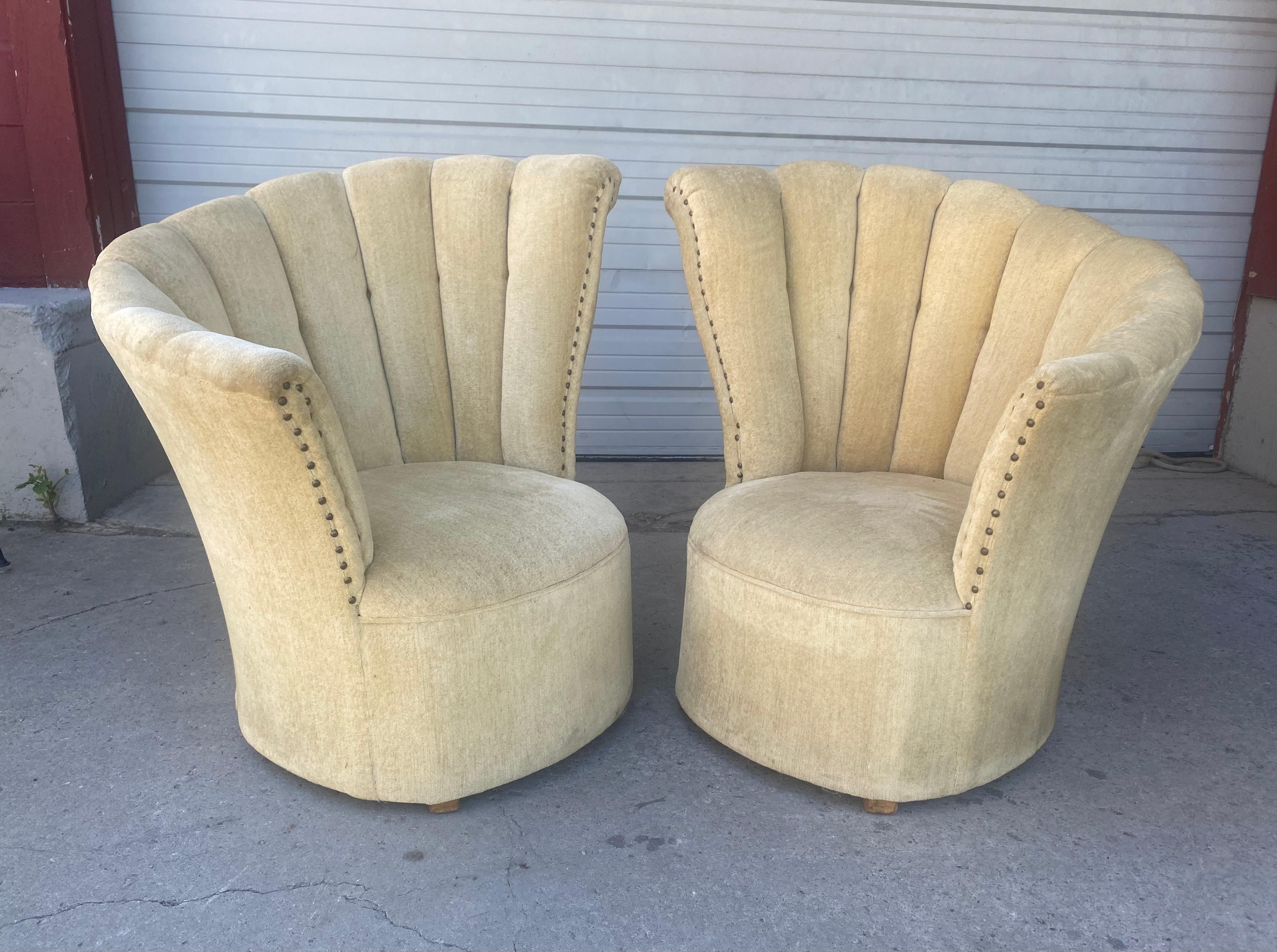 American Matched Pair Asymmetrical Art Deco Lounge Chairs, Grosfeld House, Cream Mohair For Sale