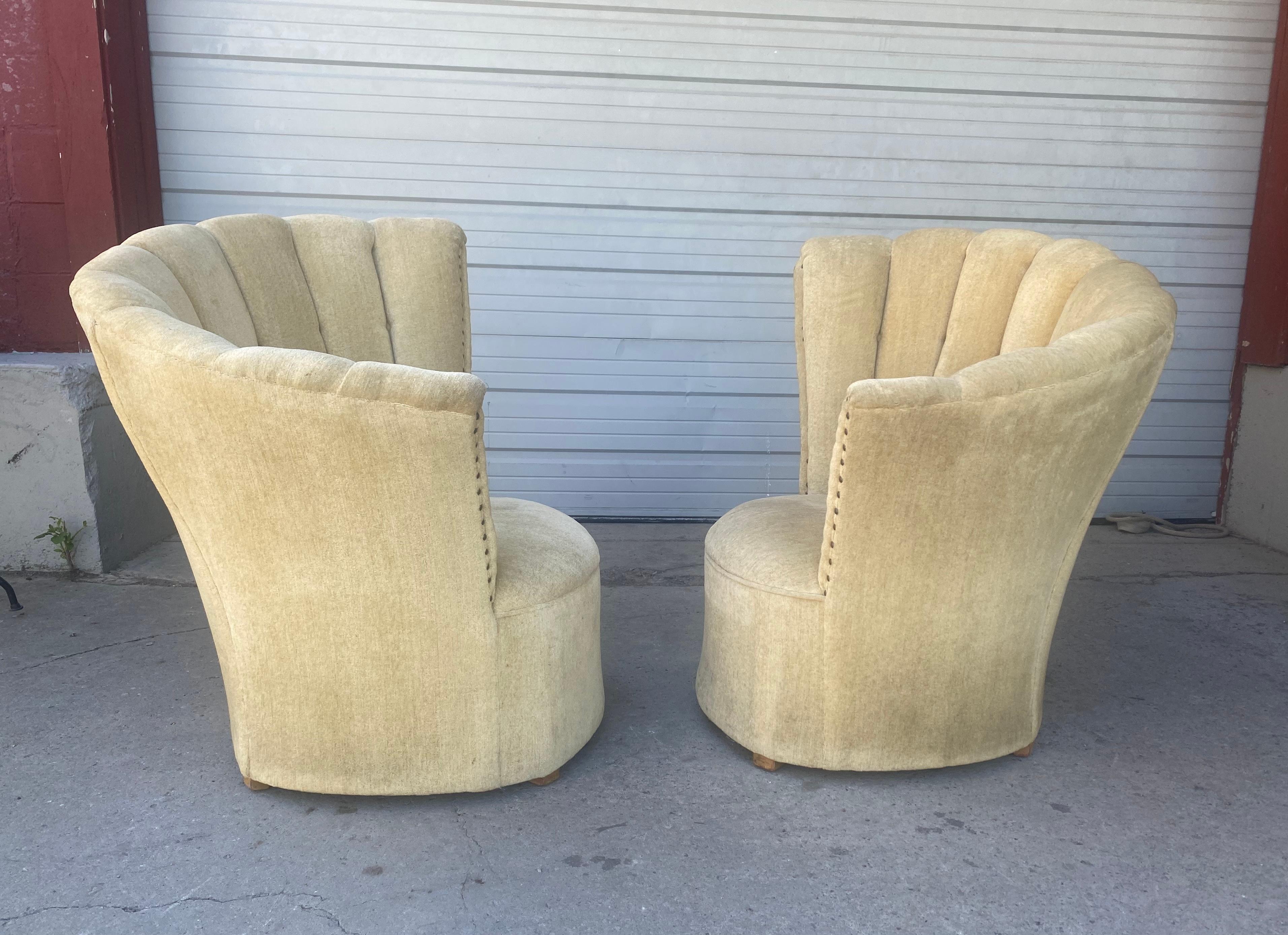 Matched Pair Asymmetrical Art Deco Lounge Chairs, Grosfeld House, Cream Mohair In Good Condition For Sale In Buffalo, NY