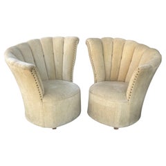 Matched Pair Asymmetrical Art Deco Lounge Chairs, Grosfeld House, Cream Mohair