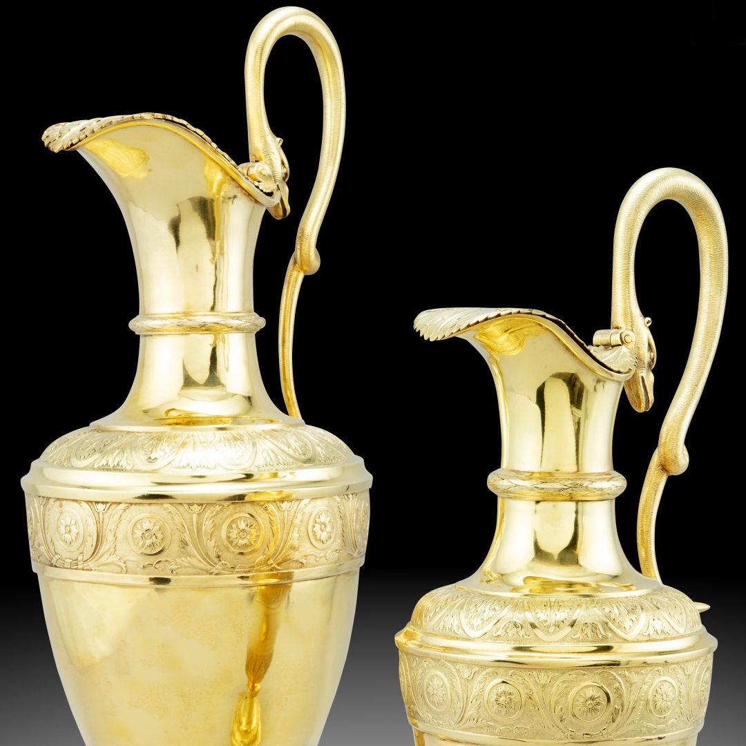 Neoclassical Matched Pair Antique Austrian Silver-Gilt Ewers Circa 1780s For Sale