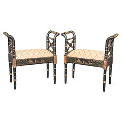 Vintage Matched Pair Black Chinoiserie Paint Decorated Faux Bamboo Directoire Benches 