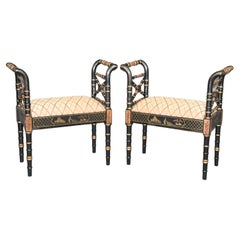 Matched Pair Black Chinoiserie Paint Decorated Faux Bamboo Directoire Benches 