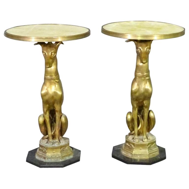 Matched Pair Brass and Alabaster French Greyhound Whippet Side Tables circa 1940