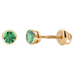 Matched Pair Brilliant Emeralds Screw Backed Yellow Gold Stud Earrings