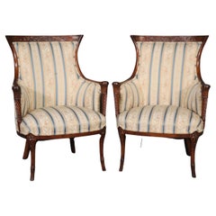 Matched Pair Carved Mahogany English Regency Style Bergere Club Chairs 