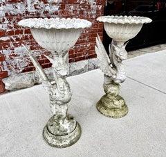 Matched Pair Cast Aluminum Winged Griffin Garden Urns / Planters