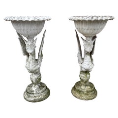 Matched Pair Cast Aluminum Winged Griffin Garden Urns / Planters