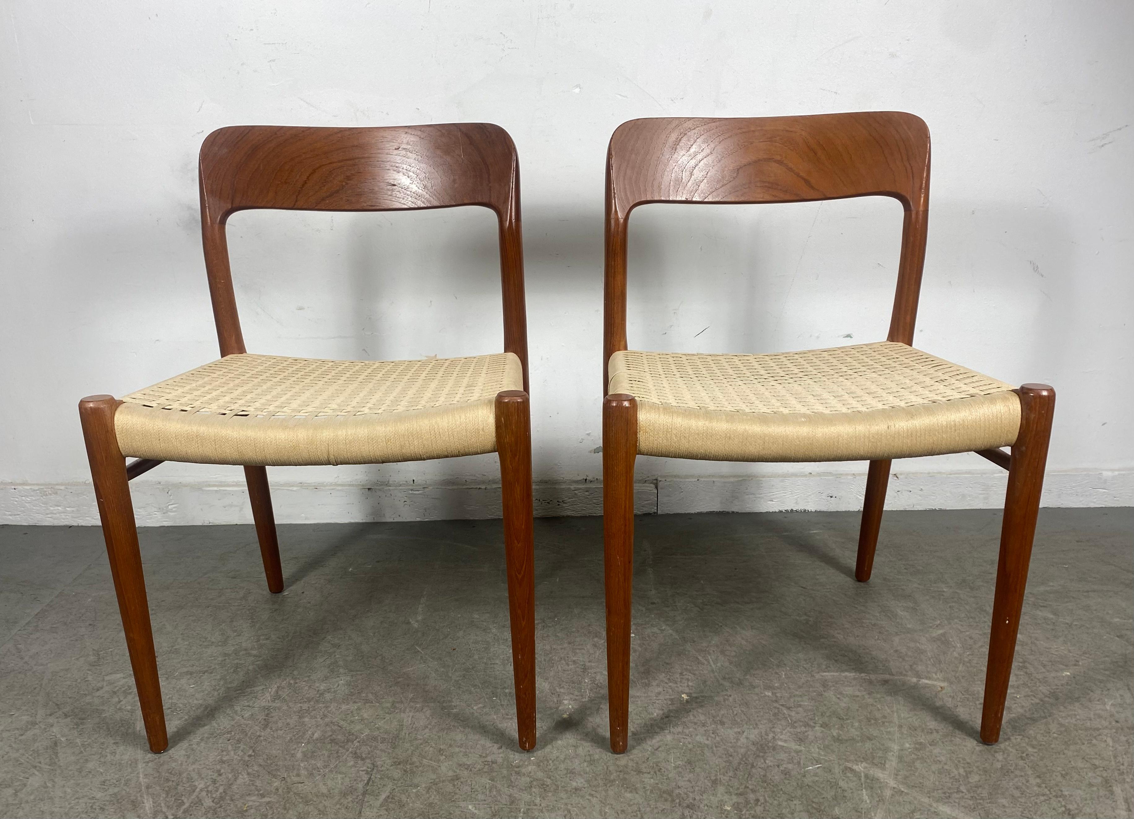 Matched pair of teak and rope side chairs made in Denmark.
Model 71, designed by Niels O. Møller. Excellant original condition.