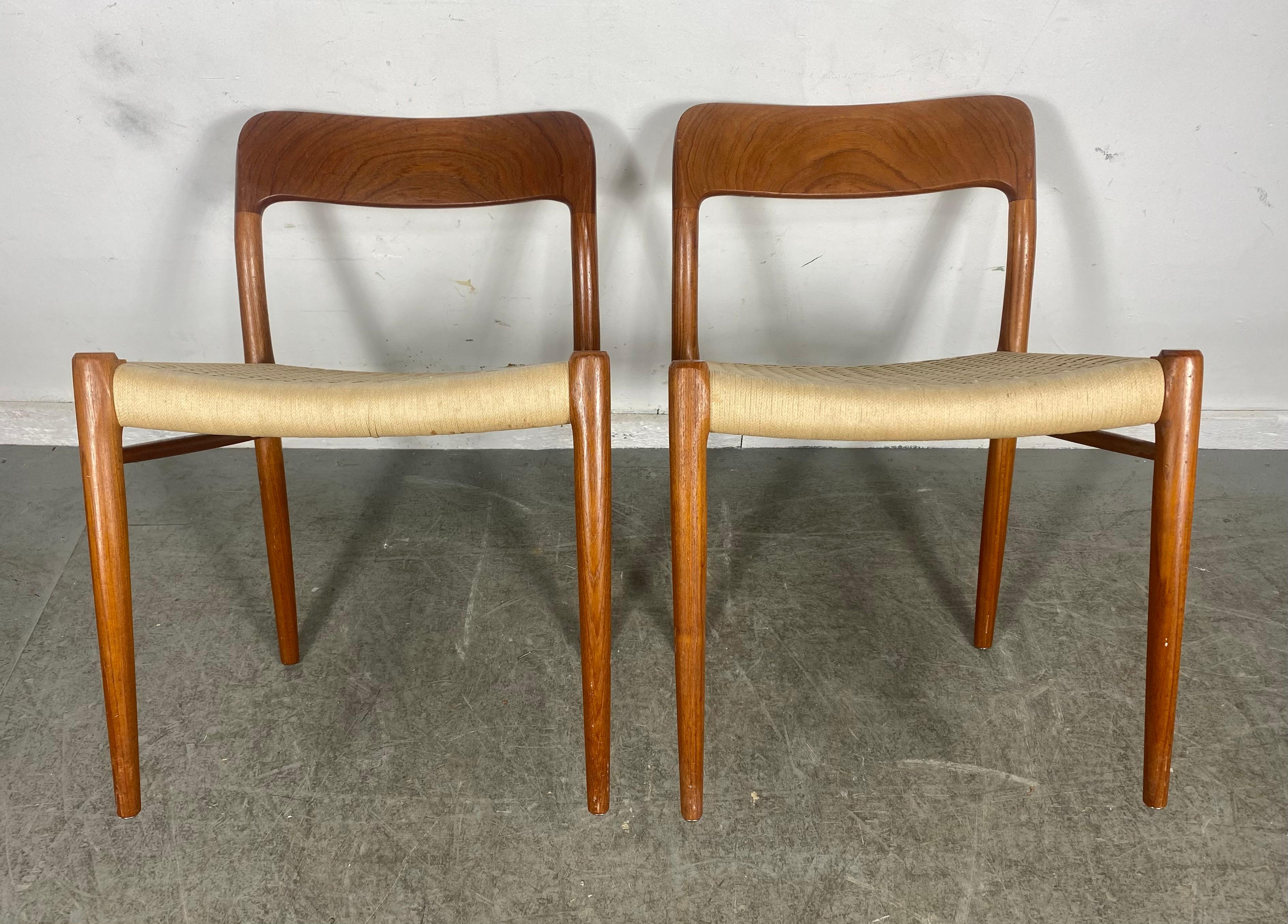 Scandinavian Modern Matched Pair Chairs Teak and Rope by N. O. Møller, Model 71, Denmark, 1960s