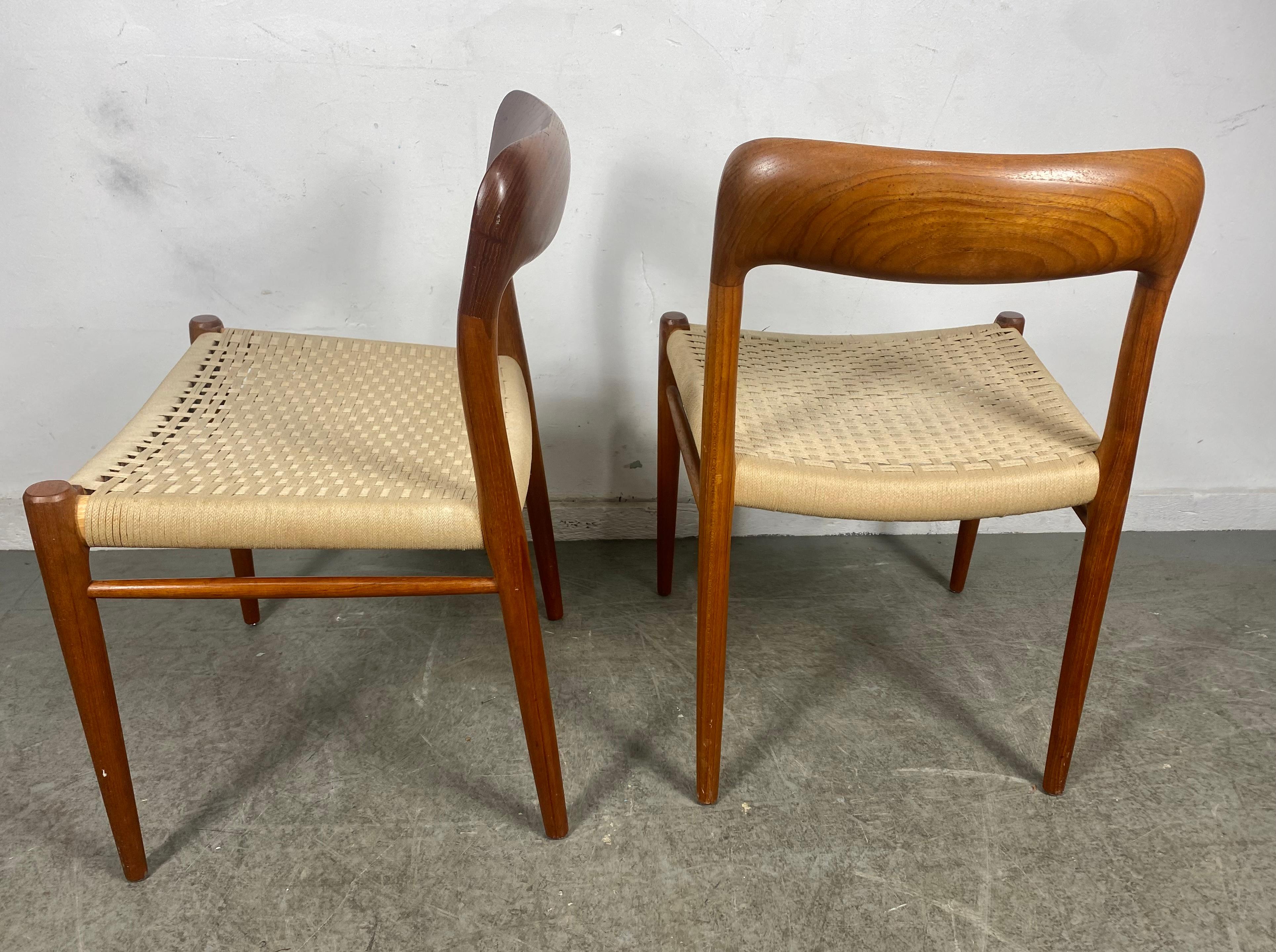 Danish Matched Pair Chairs Teak and Rope by N. O. Møller, Model 71, Denmark, 1960s