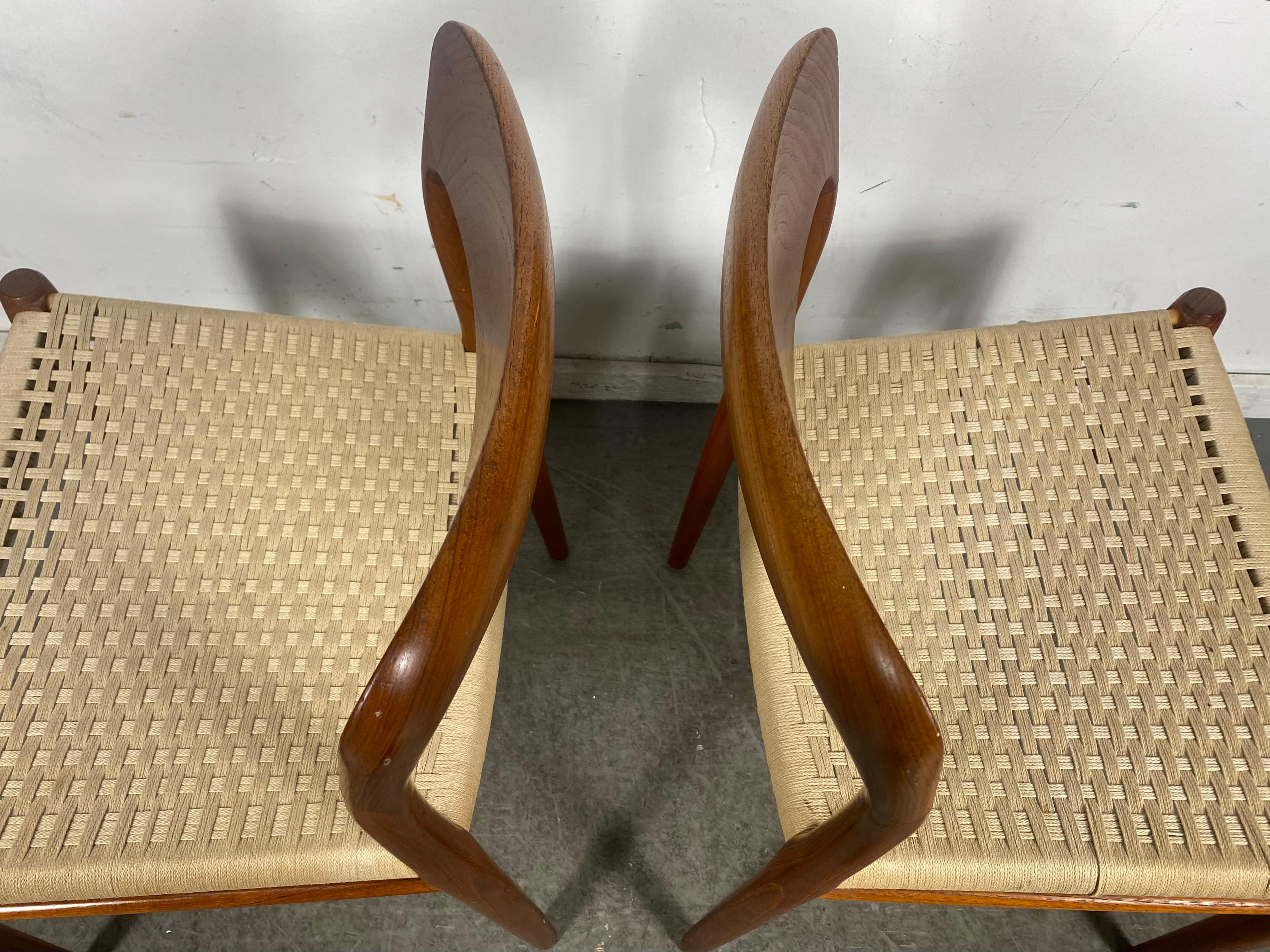 Matched Pair Chairs Teak and Rope by N. O. Møller, Model 71, Denmark, 1960s In Good Condition In Buffalo, NY