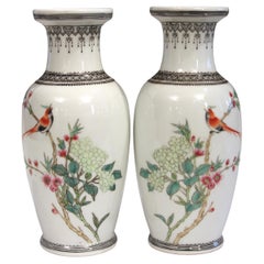 Matched Pair Chinese Porcelain Jingdezhen Zhi Mark Famille Rose Export Vases 8"