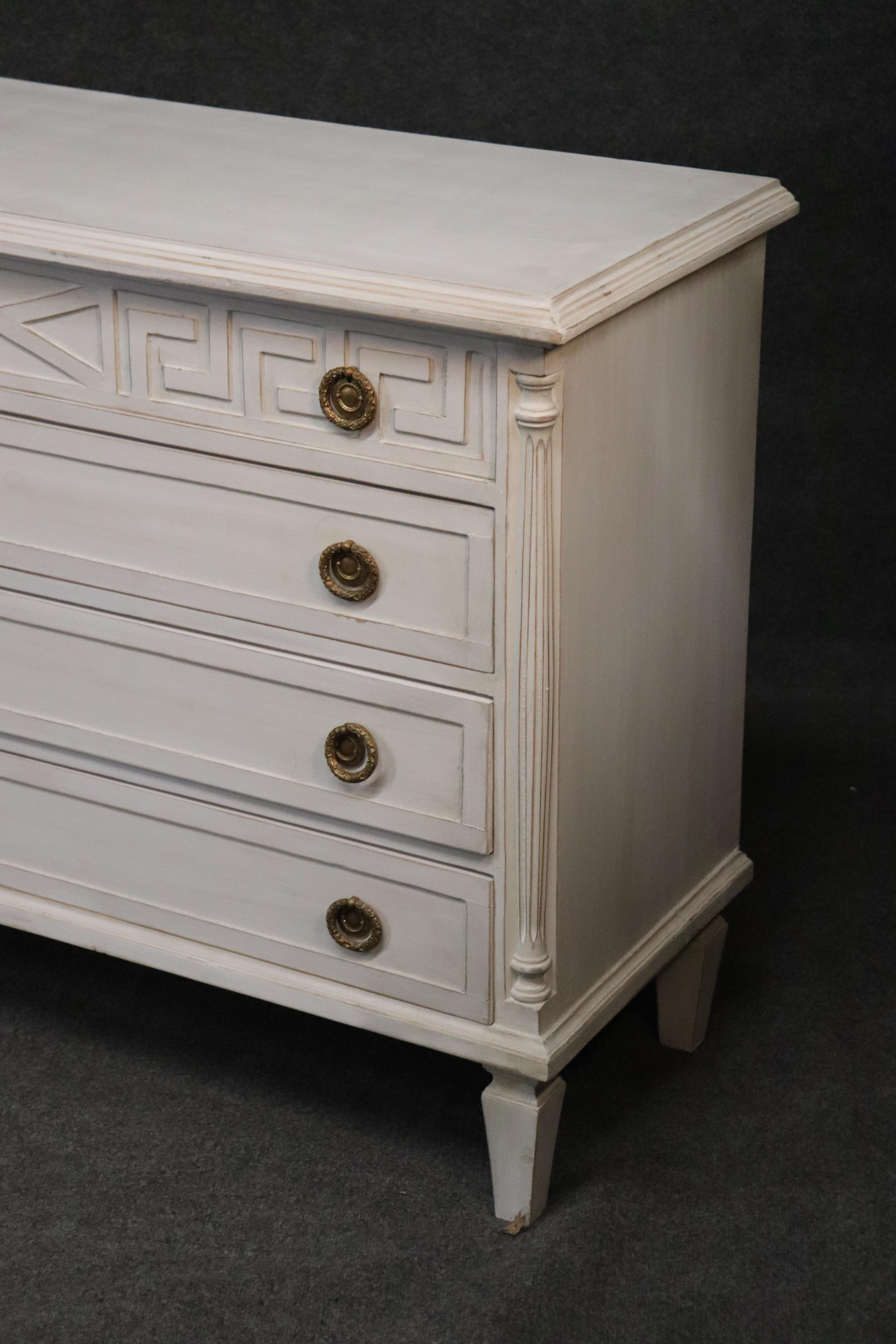 Matched Pair Custom-Made Gustavian Swedish Distressed Painted Commodes Dressers In Good Condition In Swedesboro, NJ
