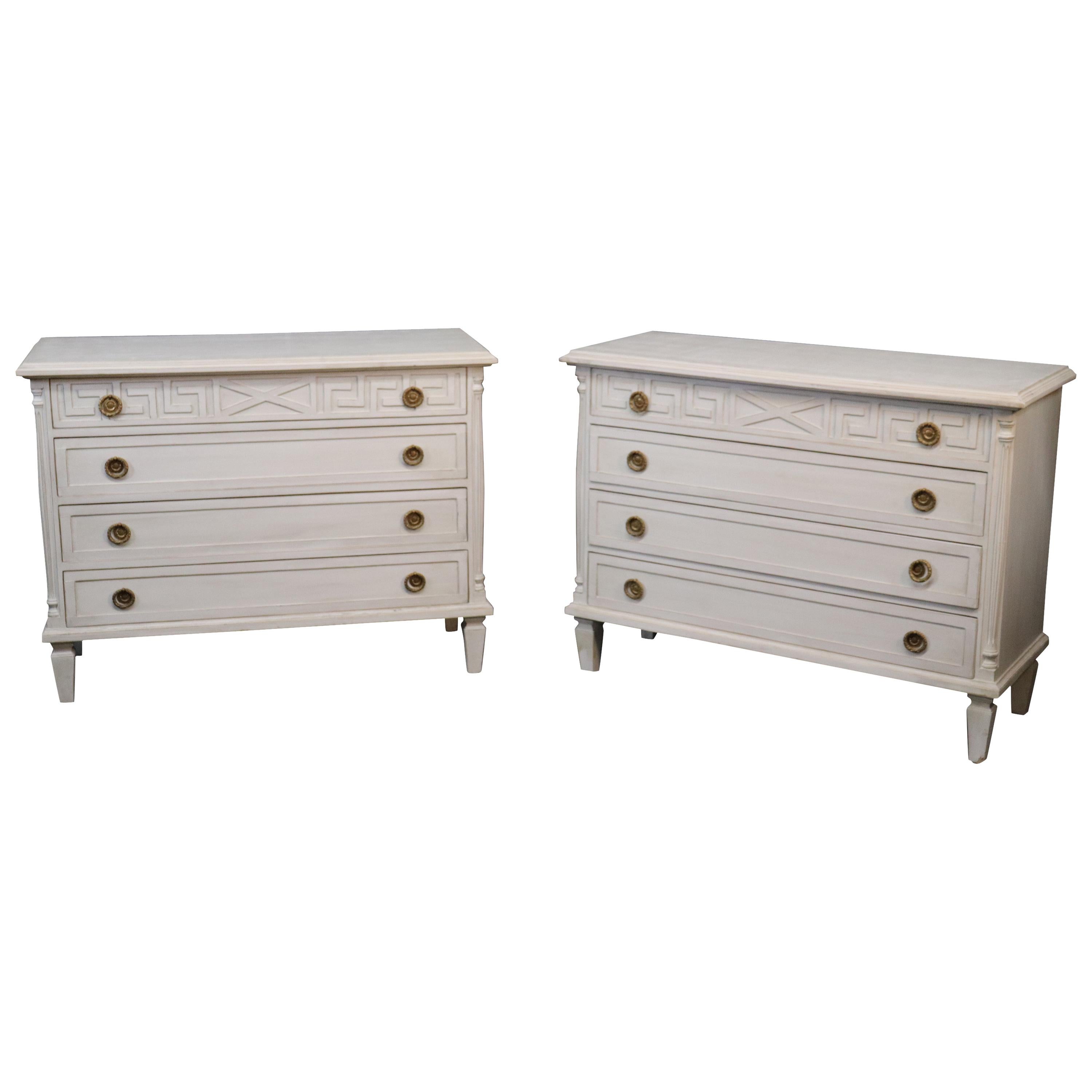 Matched Pair Custom-Made Gustavian Swedish Distressed Painted Commodes Dressers