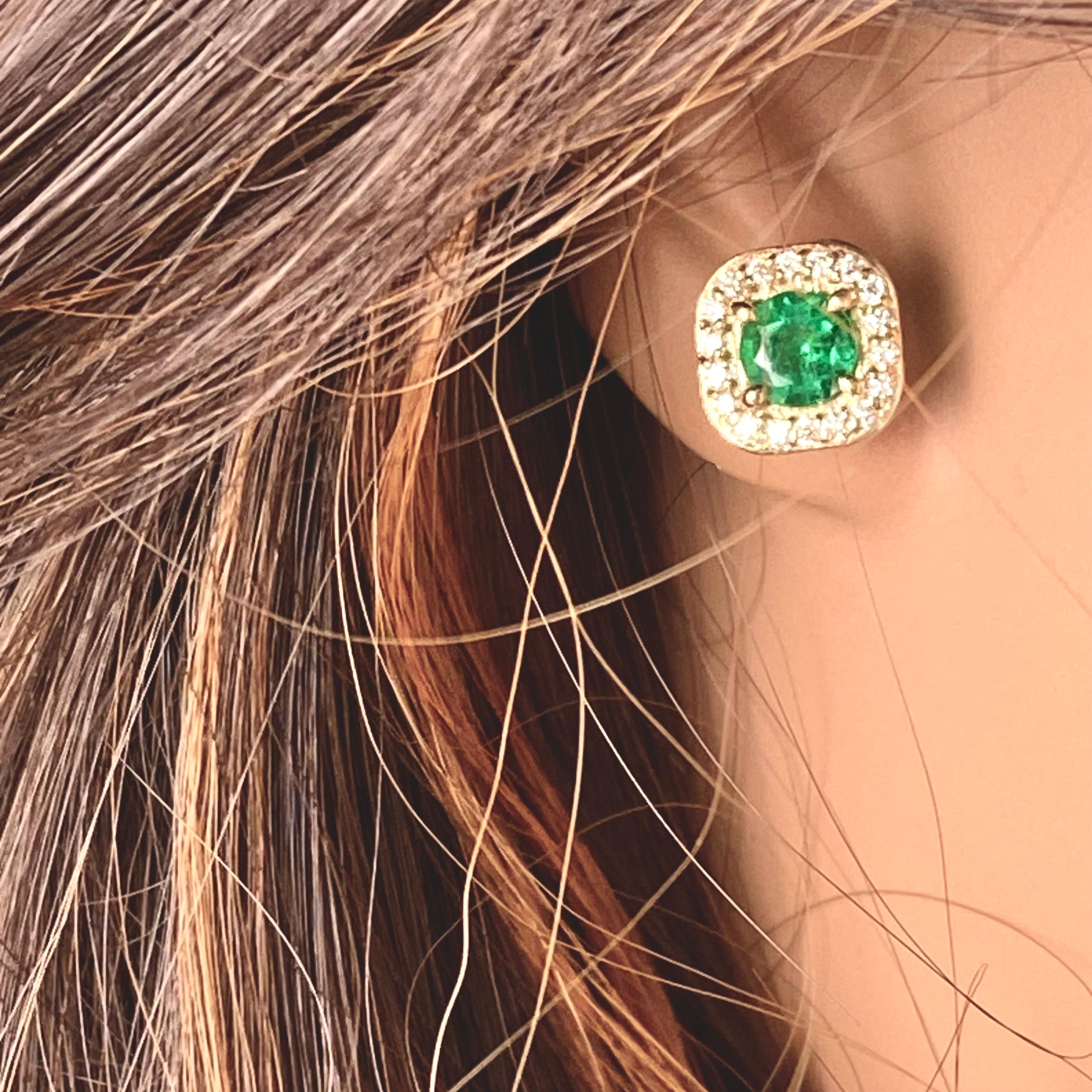 Contemporary Matched Pair Emerald Diamond 1.80 Carat Halo Yellow Gold 0.40 Inch Earrings For Sale