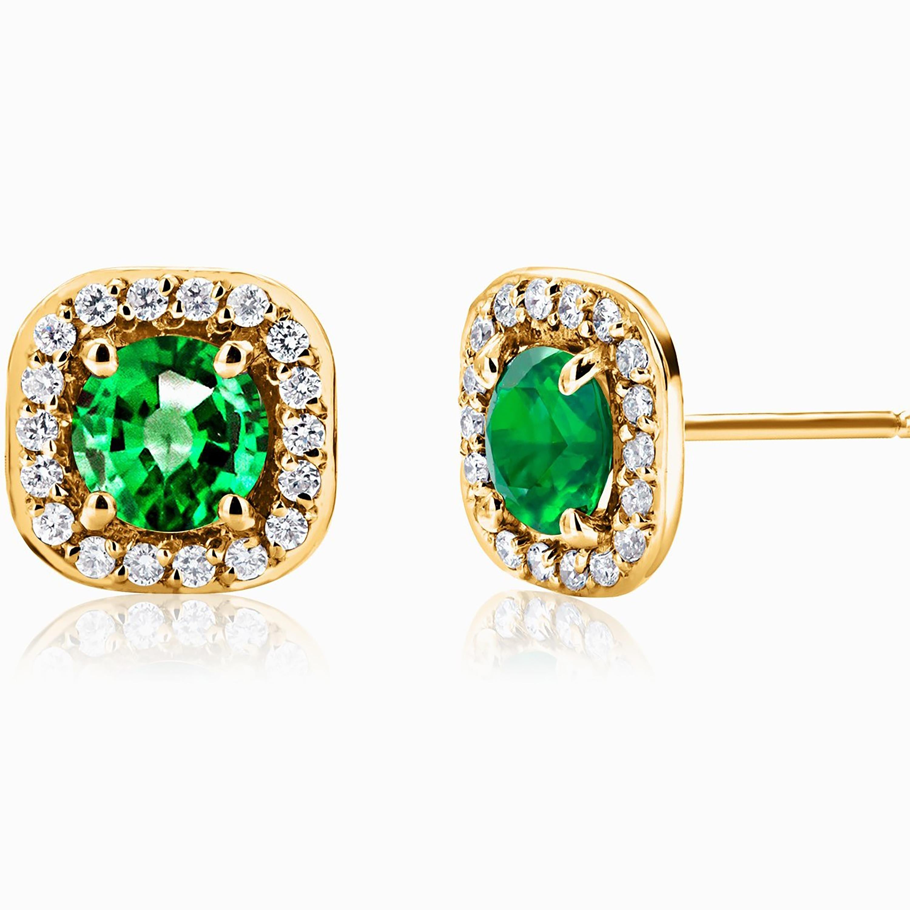 Matched Pair Emerald Diamond 1.80 Carat Halo Yellow Gold 0.40 Inch Earrings In New Condition For Sale In New York, NY