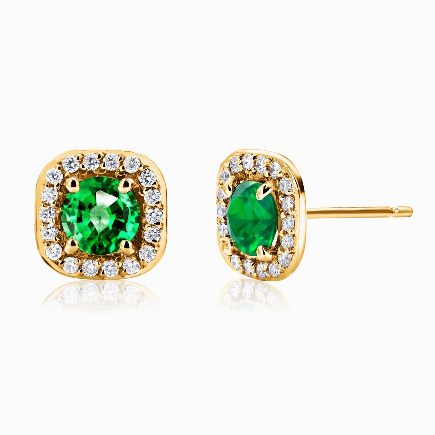 Matched Pair Emerald Diamond 1.80 Carat Halo Yellow Gold 0.40 Inch Earrings For Sale 2