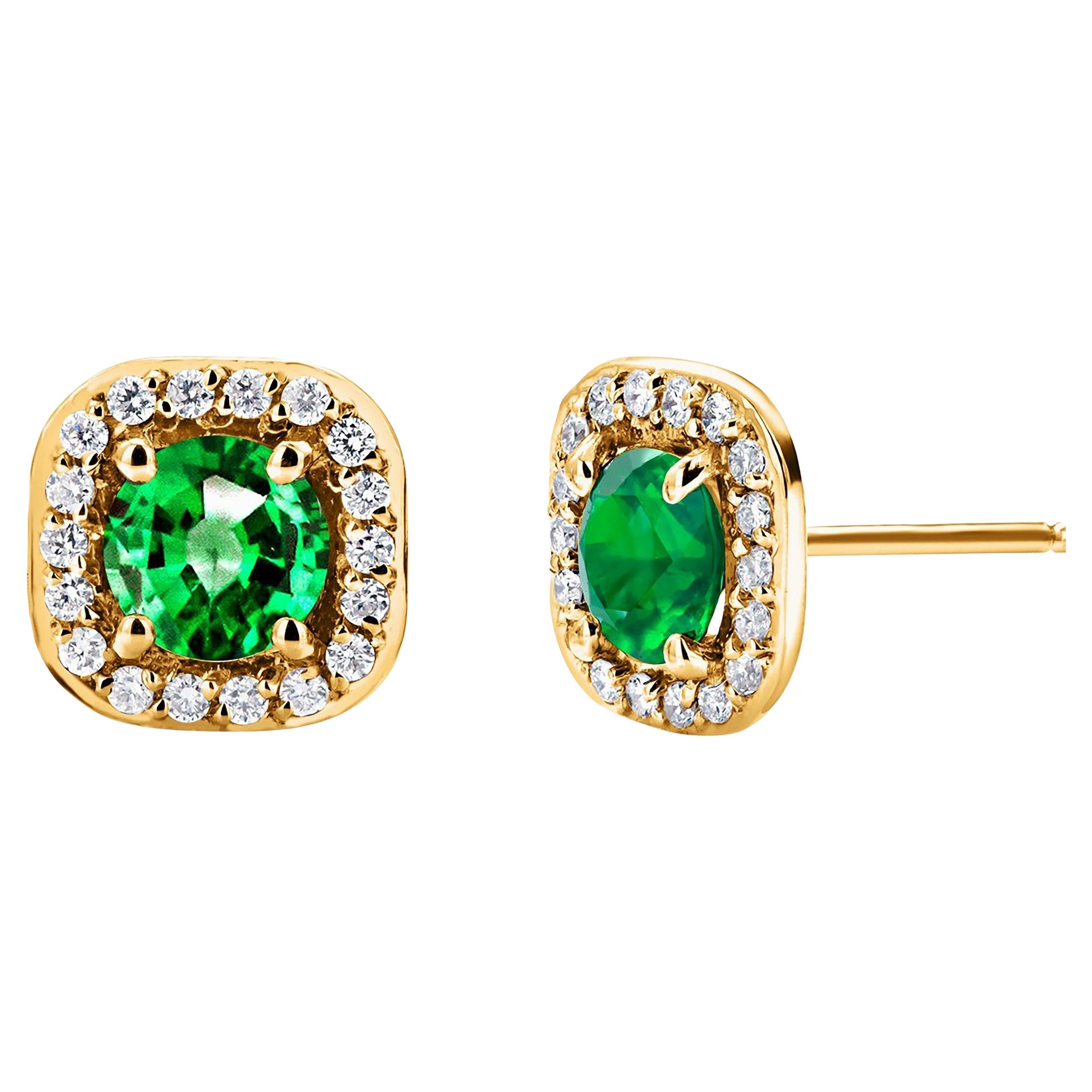 Matched Pair Emerald Diamond 1.80 Carat Halo Yellow Gold 0.40 Inch Earrings For Sale
