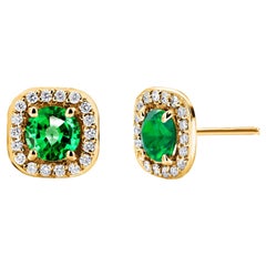 Matched Pair Emerald Diamond 1.80 Carat Halo Yellow Gold 0.40 Inch Earrings