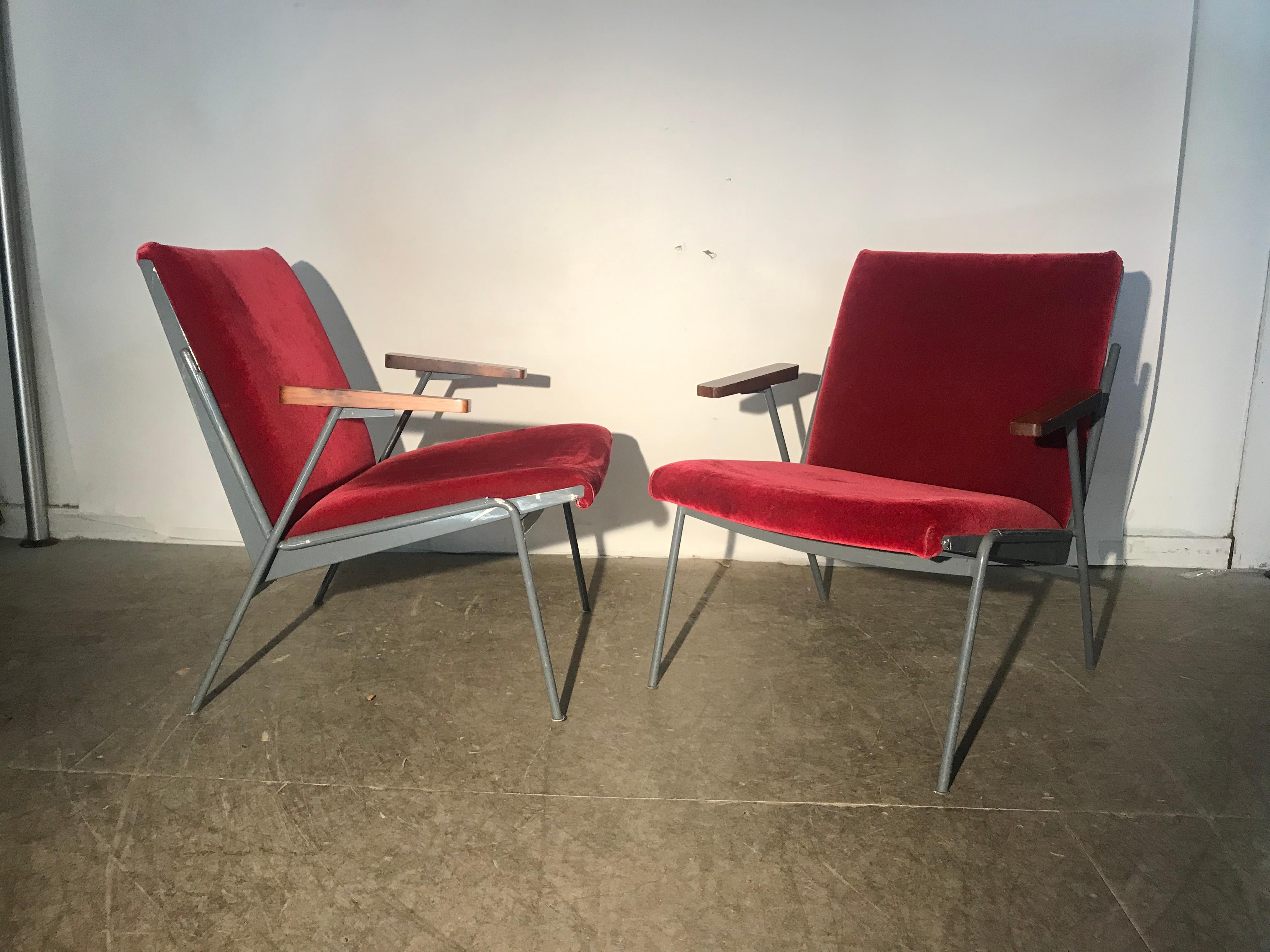 Matched Pair of French Modernist Lounge Chairs in Red Mohair Jean Prouve Style For Sale 3