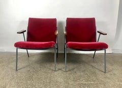Matched Pair of French Modernist Lounge Chairs in Red Mohair Jean Prouve Style